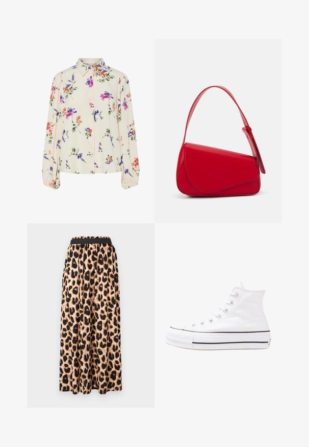 Cvjetna bluza s dugim napuhanim rukavima, svijetlo krem osnova, s ljubičastim, narančastim i zelenim cvjetnim uzorcima, te klasičnim dizajnom ovratnika.; Maxi suknja s leopardskim uzorkom i crnim elastičnim pojasom, od glatkog, lepršavog materijala i razbarušenim siluetom.; Bijela visoka platnena tenisica s crnom gumenom potplatom, prednjim gumenim zaštitnikom prstiju i šest rupa za vezanje, s čistim, minimalističkim dizajnom.; Crvena kožna torba s kutnim, geometrijskim dizajnom. Ima jedan podesivi remen i preklopni zatvarač sa šivenim detaljima.