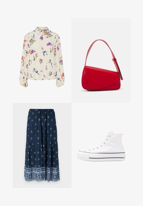 Virágmintás blúz hosszú puffos ujjakkal, világos krém alapon, lila, narancs és zöld virágmintázattal, klasszikus gallér dizájnnal.; Sötétkék maxi szoknya rugalmas derékkal és zsinórral. Fehér virágmintázattal és díszes kék mintás szegéllyel rendelkezik.; Fehér magaskorsó vászon sportcipő fekete gumi talppal, elülső gumi orrnyereggel és hat fűzőlyukkal, letisztult, minimalista dizájnnal.; Piros bőr kézitáska szögletes, geometrikus kialakítással. Egy állítható pánttal és varrott részletekkel ellátott fedélzárral rendelkezik.