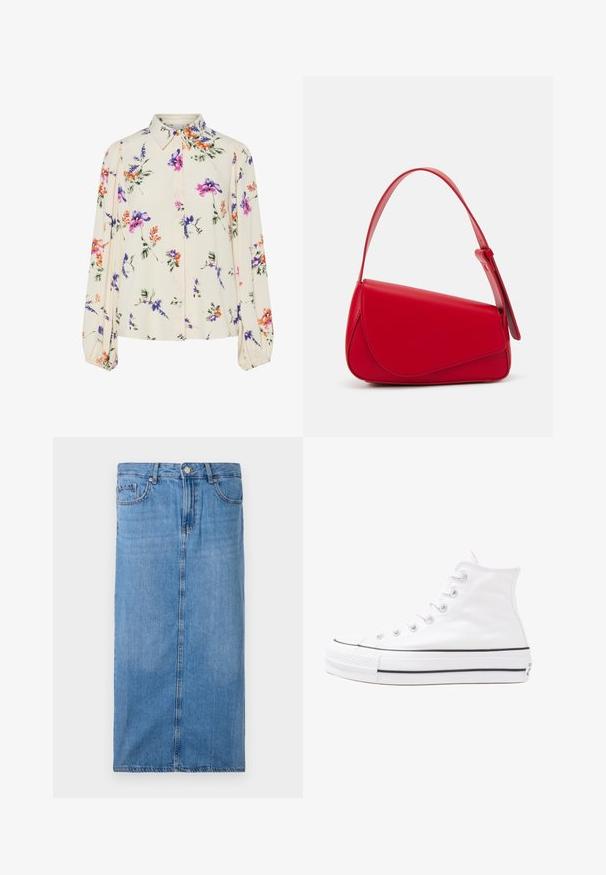 Virágmintás blúz hosszú puffos ujjakkal, világos krém alapon, lila, narancs és zöld virágmintázattal, klasszikus gallér dizájnnal.; Világoskék farmer midi szoknya, egyenes vonalú szabással, elülső varrással, valamint normál derékrésszel, öt övhurkkal és fémből készült gombos záródással.; Fehér magaskorsó vászon sportcipő fekete gumi talppal, elülső gumi orrnyereggel és hat fűzőlyukkal, letisztult, minimalista dizájnnal.; Piros bőr kézitáska szögletes, geometrikus kialakítással. Egy állítható pánttal és varrott részletekkel ellátott fedélzárral rendelkezik.