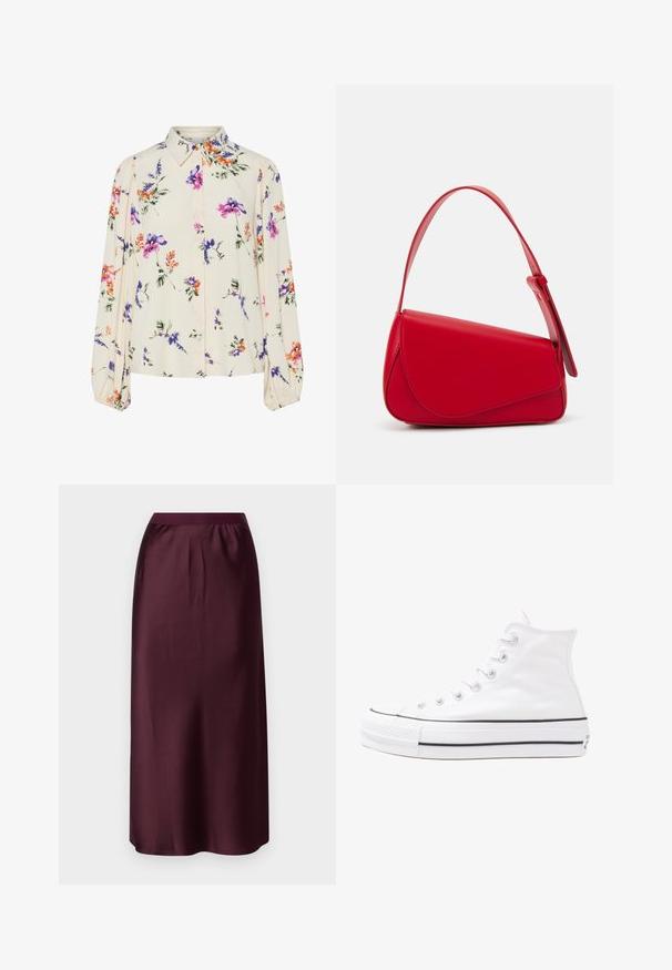 Květnatá blůza s dlouhými balónovými rukávy, světle krémové barvy, s fialovými, oranžovými a zelenými květinovými vzory a klasickým límečkem.; Gina Tricot ELASTIC MIDI SKIRT - Maxi sukně - wine; Bílé vysoké plátěné tenisky s černou gumovou podrážkou, přední gumovou špičkou a šesti očky na tkaničky, se čistým, minimalistickým designem.; Červená kožená kabelka s ostrým, geometrickým designem. Má jeden nastavitelný popruh a klopu s prošívanými detaily.