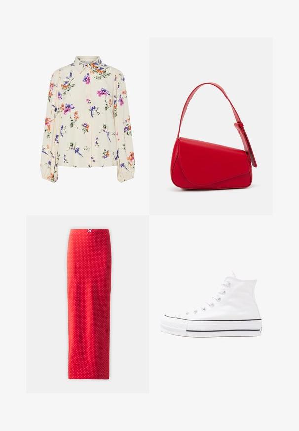 Blouse fleurie à manches bouffantes longues, base crème clair, ornée de motifs floraux violets, oranges et verts, avec un col classique.; Jupe midi rouge à pois fabriquée en tissu lisse, dotée d'une silhouette ajustée et d'un détail au dos avec un petit nœud blanc à la taille.; Baskets montantes en toile blanche avec semelle en caoutchouc noir, capuchon en caoutchouc à l'avant, et six œillets pour les lacets, présentant un design épuré et minimaliste.; Sac à main en cuir rouge avec un design angulaire et géométrique. Il dispose d'une seule sangle ajustable et d'une fermeture à rabat avec un detailing cousu.