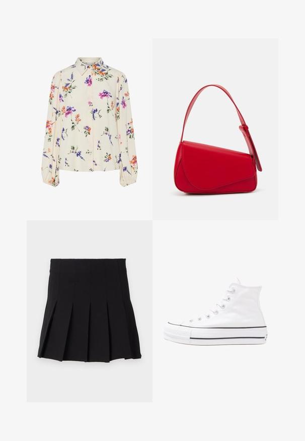 Lille kreemipehme lilleline pluus, millel on pikad puhvli varrukad, millel on lillad, oranžid ja rohelised lillemustrid ning klassikaline kaelus.; Must mustriba mustriga vööga, valmistatud sujuvast kangast. Omab mitmeid vertikaalseid voldikesi struktureeritud silueti jaoks.; Valge kõrgem kangast tenniseking, millel on must kummist tald, ees kummist varvasetugi ja kuus aukku paelte jaoks, pakkudes puhta ja minimalistliku disaini.; Punane nahast käekott, millel on nurkadega geomeetriline disain. Omab ühte reguleeritavat rihma ja klappidega sulgemist, millel on õmblustega kaunistused.