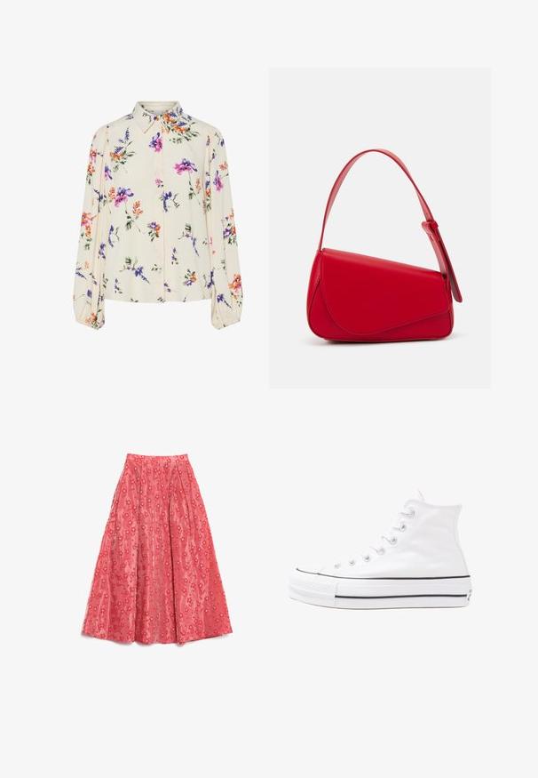 Virágmintás blúz hosszú puffos ujjakkal, világos krém alapon, lila, narancs és zöld virágmintázattal, klasszikus gallér dizájnnal.; Áramló korall színű maxi szoknya texturált anyagból, virágmintával, apró fehér részletekkel és redőkkel a térfogatért.; Fehér magaskorsó vászon sportcipő fekete gumi talppal, elülső gumi orrnyereggel és hat fűzőlyukkal, letisztult, minimalista dizájnnal.; Piros bőr kézitáska szögletes, geometrikus kialakítással. Egy állítható pánttal és varrott részletekkel ellátott fedélzárral rendelkezik.