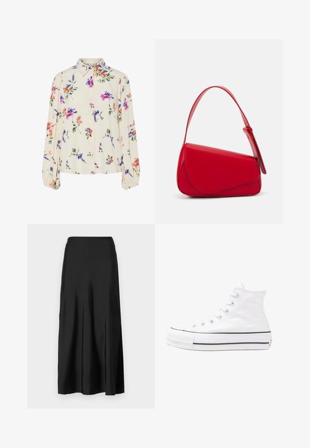 Kvetinová blúzka s dlhými puff rukávmi, svetlovo krémovej farby, so vzormi kvetov v purpurovej, oranžovej a zelenej farbe, a klasickým dizajnom goliera.; GAP PULL ON SKIRT - Maxisukňa - black; Biele vysoké plátené tenisky s čiernou gumovou podošvou, prednou gumovou špičkou a šiestimi okami na šnúrky, s čistým, minimalistickým dizajnom.; Červená kožená kabelka s ostrým, geometrickým dizajnom. Má jeden nastaviteľný popruh a uzatváranie na klopu so šitím.