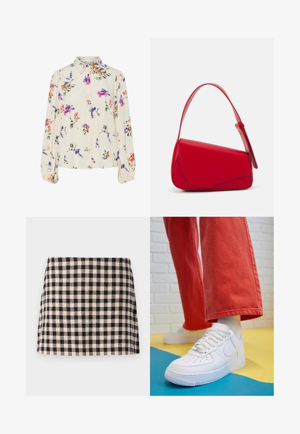 Blouse fleurie à manches bouffantes longues, base crème clair, ornée de motifs floraux violets, oranges et verts, avec un col classique.; Jupe à carreaux noir et crème avec une coupe droite, présentant une texture lisse et un ourlet qui se situe au-dessus du genou. Sans matériel ni accents.; Baskets blanches en cuir avec une boîte à orteils perforée, semelle texturée et lacets blancs, associées à un large pantalon rouge et un fond bleu et jaune.; Sac à main en cuir rouge avec un design angulaire et géométrique. Il dispose d'une seule sangle ajustable et d'une fermeture à rabat avec un detailing cousu.