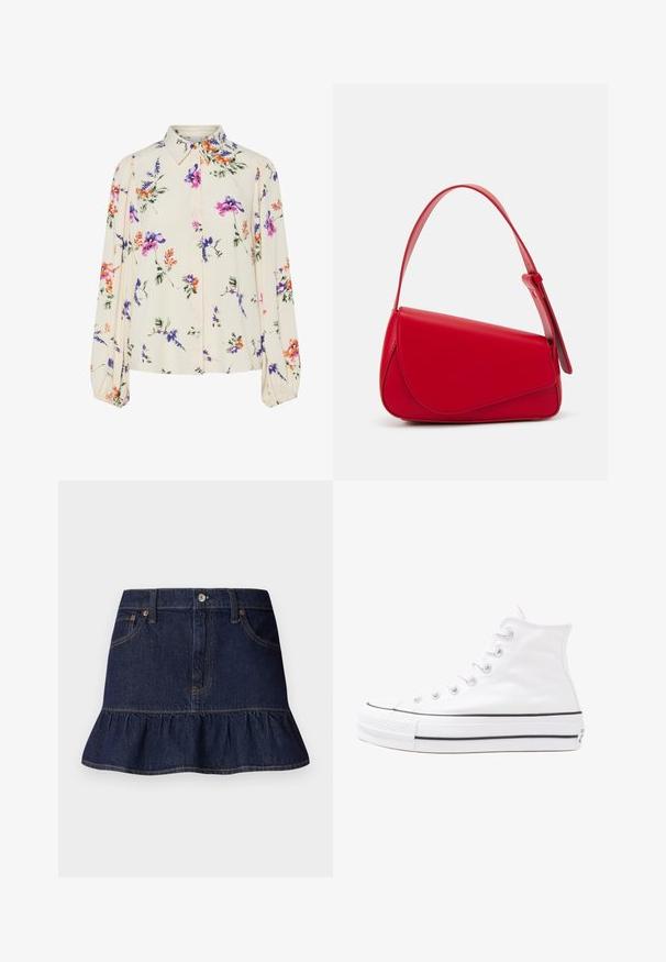 Cvjetna bluza s dugim napuhanim rukavima, svijetlo krem osnova, s ljubičastim, narančastim i zelenim cvjetnim uzorcima, te klasičnim dizajnom ovratnika.; Tamno plavi traper suknja s volanima na rubu, dizajn s pet džepova, petlje za remen i prednjim kopčanjem na dugme. Glatka tekstura i ravni kroj.; Bijela visoka platnena tenisica s crnom gumenom potplatom, prednjim gumenim zaštitnikom prstiju i šest rupa za vezanje, s čistim, minimalističkim dizajnom.; Crvena kožna torba s kutnim, geometrijskim dizajnom. Ima jedan podesivi remen i preklopni zatvarač sa šivenim detaljima.