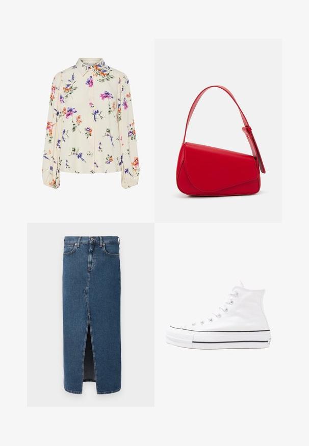 Kvetinová blúzka s dlhými puff rukávmi, svetlovo krémovej farby, so vzormi kvetov v purpurovej, oranžovej a zelenej farbe, a klasickým dizajnom goliera.; Denimová ceruzková sukňa v stredne modrej farbe s predným rozparkom, klasickým dizajnom s piatimi vreckami a gombíkovým zapínaním v páse. Hladká textúra.; Biele vysoké plátené tenisky s čiernou gumovou podošvou, prednou gumovou špičkou a šiestimi okami na šnúrky, s čistým, minimalistickým dizajnom.; Červená kožená kabelka s ostrým, geometrickým dizajnom. Má jeden nastaviteľný popruh a uzatváranie na klopu so šitím.