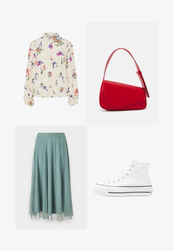 Floral blouse with long puff sleeves, light cream base, featuring purple, orange, and green floral patterns, and classic collar design.; Pleated midi skirt in muted teal color, made from lightweight fabric. Features a smooth waistband and sheer underlay for added texture.; White high-top canvas sneaker with black rubber sole, front rubber toe cap, and six eyelets for laces, featuring a clean, minimalist design.; Red leather handbag with an angular, geometric design. Features a single adjustable strap and a flap closure with stitched detailing.