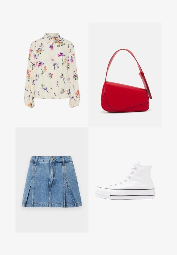 Virágmintás blúz hosszú puffos ujjakkal, világos krém alapon, lila, narancs és zöld virágmintázattal, klasszikus gallér dizájnnal.; Világoskék farmerszoknya, rakott dizájnnal, ezüst gombos zárral és klasszikus öt zsebes stílusban.; Fehér magaskorsó vászon sportcipő fekete gumi talppal, elülső gumi orrnyereggel és hat fűzőlyukkal, letisztult, minimalista dizájnnal.; Piros bőr kézitáska szögletes, geometrikus kialakítással. Egy állítható pánttal és varrott részletekkel ellátott fedélzárral rendelkezik.