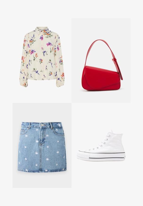 Cvetna bluzica z dolgimi puff rokavi, svetlo smetanaste barve, s purpurnimi, oranžnimi in zelenimi cvetličnimi vzorci ter klasičnim ovratnikom.; Svetlo modra denim krila z belimi vezenimi cvetličnimi motivi, petimi žepi in gumbnim zapiranjem spredaj, s ravno krojem in mini dolžino.; Beli visoki platneni športni čevelj z črnim gumijastim podplatom, sprednjim gumijastim zaščitnikom za prste in šestimi luknjicami za vezalke, ki se ponaša s preprostim, minimalističnim dizajnom.; Rdeča usnjena torba z angularnim, geometrijskim dizajnom. Ima en samostoječ nastavljiv ročaj in pokrov, zaprt z zapiranjem, ki je okrašen s šivi.