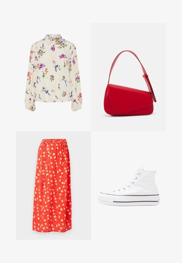 Květnatá blůza s dlouhými balónovými rukávy, světle krémové barvy, s fialovými, oranžovými a zelenými květinovými vzory a klasickým límečkem.; Červená maxi sukně vyrobená z lehkého materiálu, s květinovým vzorem žlutých sedmikrásek a černými detaily. Elastický pas pro pohodlí.; Bílé vysoké plátěné tenisky s černou gumovou podrážkou, přední gumovou špičkou a šesti očky na tkaničky, se čistým, minimalistickým designem.; Červená kožená kabelka s ostrým, geometrickým designem. Má jeden nastavitelný popruh a klopu s prošívanými detaily.