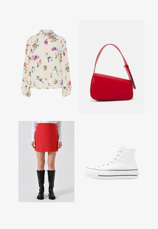 Blumenbluse mit langen Puffärmeln, hellcremefarbenem Grund, mit lila, orangefarbenen und grünen Blumenmustern sowie klassischem Kragen.; Frau in einem roten Minirock, kombiniert mit schwarzen kniehohen Lederstiefeln und einem weißen Langarmoberteil vor einem schlichten Hintergrund.; Weiße hochwertige Leinensneaker mit schwarzer Gummisohle, vorderem Gummizehenschutz und sechs Ösen für Schnürsenkel, die ein sauberes, minimalistisches Design aufweisen.; Rote Lederhandtasche mit einem kantigen, geometrischen Design. Verfügt über einen verstellbaren Schulterriemen und einen Klappenverschluss mit genähten Details.