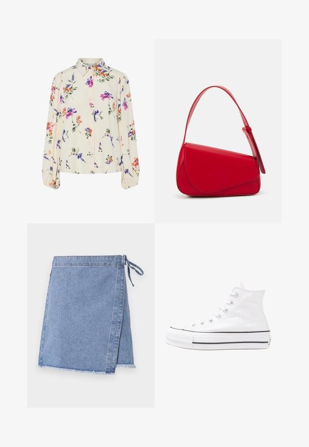 Virágmintás blúz hosszú puffos ujjakkal, világos krém alapon, lila, narancs és zöld virágmintázattal, klasszikus gallér dizájnnal.; Világoskék farmerwrap szoknya, megkötős záródással, szakadt végződéssel és egyenes vonalvezetéssel, enyhe A-vonalban.; Fehér magaskorsó vászon sportcipő fekete gumi talppal, elülső gumi orrnyereggel és hat fűzőlyukkal, letisztult, minimalista dizájnnal.; Piros bőr kézitáska szögletes, geometrikus kialakítással. Egy állítható pánttal és varrott részletekkel ellátott fedélzárral rendelkezik.
