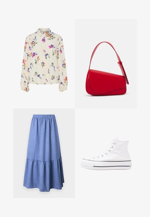 Bluzka w kwiaty z długimi bufkami, w jasnym kremowym kolorze, z fioletowymi, pomarańczowymi i zielonymi wzorami kwiatowymi oraz klasycznym kołnierzykiem.; Niebieska spódnica chambray z marszczoną elastyczną talią i warstwowym wykończeniem brzegów, charakteryzująca się gładką fakturą oraz luźnym, swobodnym krojem.; Białe wysokie trampki z płótna z czarną gumową podeszwą, przednim czubkiem z gumy i sześcioma dziurkami na sznurowadła, charakteryzujące się prostym, minimalistycznym designem.; Czerwona skórzana torebka o kanciastym, geometrycznym designie. Posiada jedną regulowaną rączkę oraz zapięcie na klapę z przeszyciami.