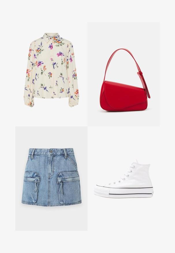 Kvetinová blúzka s dlhými puff rukávmi, svetlovo krémovej farby, so vzormi kvetov v purpurovej, oranžovej a zelenej farbe, a klasickým dizajnom goliera.; Modrá denimová mini sukňa s dvoma veľkými prednými klopovými vreckami s taškami na zips a pútkom na opasok na páse.; Biele vysoké plátené tenisky s čiernou gumovou podošvou, prednou gumovou špičkou a šiestimi okami na šnúrky, s čistým, minimalistickým dizajnom.; Červená kožená kabelka s ostrým, geometrickým dizajnom. Má jeden nastaviteľný popruh a uzatváranie na klopu so šitím.