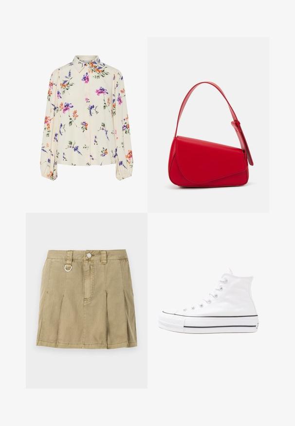 Gėlių bluzonas su ilgomis pūkuotomis rankovėmis, šviesiai kreminiu pagrindu, su violetiniais, oranžiniais ir žaliais gėlių raštais bei klasikiniu apykaklės dizainu.; Šviesiai alyvuogių žalios spalvos džinsinė sijonas su keturiomis peilių raukšlėmis, priekiniais užsegimais ir metaliniu kilpos akcentu ant juosmens.; Balti aukštakulniai drobės sportbačiai su juodu guminio pado, priekinio guminio piršto dangteliu ir šešiais akytėmis raištams, pasižymintys švariu, minimalistiniu dizainu.; Raudona odinė rankinė su kampuota, geometrine forma. Pasižymi viena reguliuojama dirželiu ir dangteliu su siuvinėtais dekoracijomis.