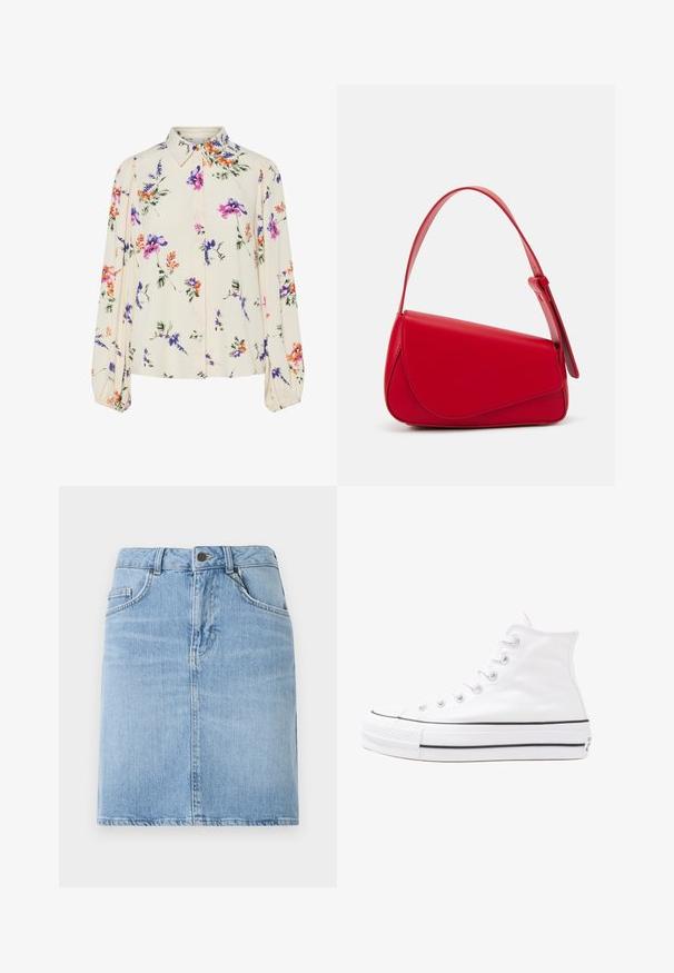 Blomstrete bluse med lange pufferm, lys kremfarge, med lilla, oransje og grønne blomster mønstre, og klassisk kragedesign.; Lys blå denimskjørt med rett snitt, har frontlommer og knappelukking. Teksturert overflate med minimal falming.; Hvit høy-skinn kanvas sneakers med svart gummisåle, gummitåhette foran og seks hull for snorer, med et rent, minimalistisk design.; Rød lærveske med en vinklet, geometrisk design. Har en enkelt justerbar stropp og en klaffelukking med sydd detaljer.