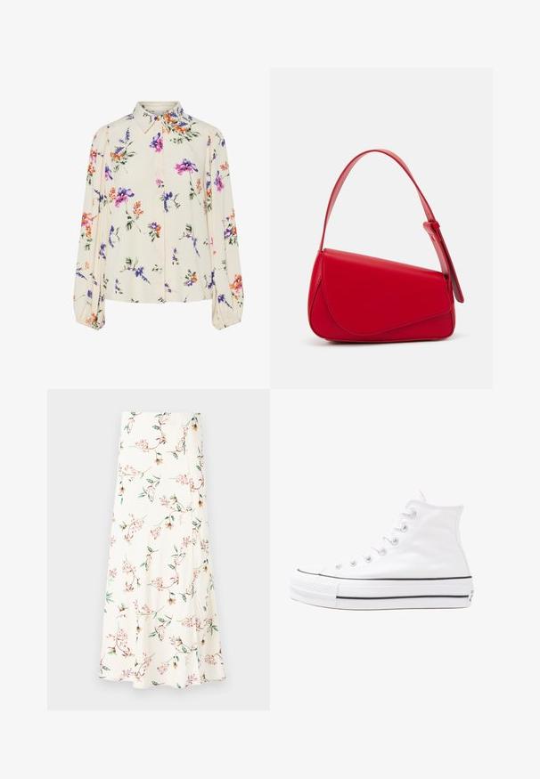 Blomstrete bluse med lange pufferm, lys kremfarge, med lilla, oransje og grønne blomster mønstre, og klassisk kragedesign.; Lett, kremfarget skjørt med blomstermønster som har rosa blomster og grønne blader. Mykt stoff med en lett teksturert overflate.; Hvit høy-skinn kanvas sneakers med svart gummisåle, gummitåhette foran og seks hull for snorer, med et rent, minimalistisk design.; Rød lærveske med en vinklet, geometrisk design. Har en enkelt justerbar stropp og en klaffelukking med sydd detaljer.