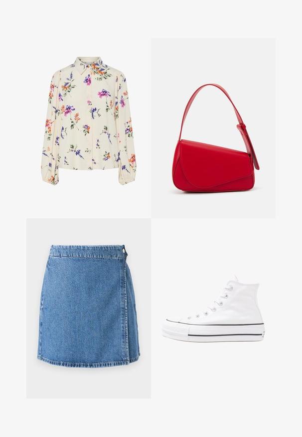 Virágmintás blúz hosszú puffos ujjakkal, világos krém alapon, lila, narancs és zöld virágmintázattal, klasszikus gallér dizájnnal.; Kék mosású farmer mini szoknya, elöl hajtókával, két fémből készült gombbal és a hemnél és a szélek mentén látható varrással.; Fehér magaskorsó vászon sportcipő fekete gumi talppal, elülső gumi orrnyereggel és hat fűzőlyukkal, letisztult, minimalista dizájnnal.; Piros bőr kézitáska szögletes, geometrikus kialakítással. Egy állítható pánttal és varrott részletekkel ellátott fedélzárral rendelkezik.