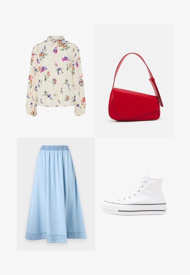 Cvjetna bluza s dugim napuhanim rukavima, svijetlo krem osnova, s ljubičastim, narančastim i zelenim cvjetnim uzorcima, te klasičnim dizajnom ovratnika.; Svijetloplava traper suknja s elastičnom kombinacijom, puna A-linija i suptilno šivenje na rubu za dodatni detalj. Mekana, glatka tekstura.; Bijela visoka platnena tenisica s crnom gumenom potplatom, prednjim gumenim zaštitnikom prstiju i šest rupa za vezanje, s čistim, minimalističkim dizajnom.; Crvena kožna torba s kutnim, geometrijskim dizajnom. Ima jedan podesivi remen i preklopni zatvarač sa šivenim detaljima.