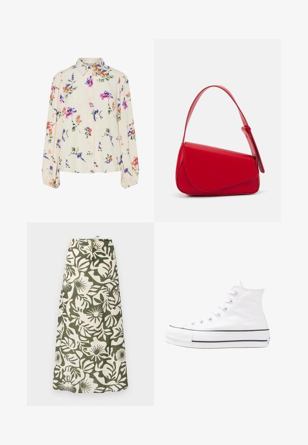 Ziedu blūze ar garām pūkām, gaiši krēmveida pamatne, ar purpursarkanām, oranžām un zaļām ziedu rakstiem, kā arī klasisko apkakles dizainu.; Gara svārki, kas izgatavoti no auduma ar zaļu un krēmkrāsas ziedu rakstu, ar auklas jostu un mīkstu, teksturētu apdari.; Balti augstie kanvas sporta apavi ar melnu gumijas zoli, priekšējo gumijas purngalu un sešām acīm lencēm, kuriem ir tīrs, minimālistisks dizains.; Sarkans ādas rokassomi ar stūrainu, ģeometrisku dizainu. Iekļauj vienu regulējamu siksnu un vāku ar izšūtu detaļu.