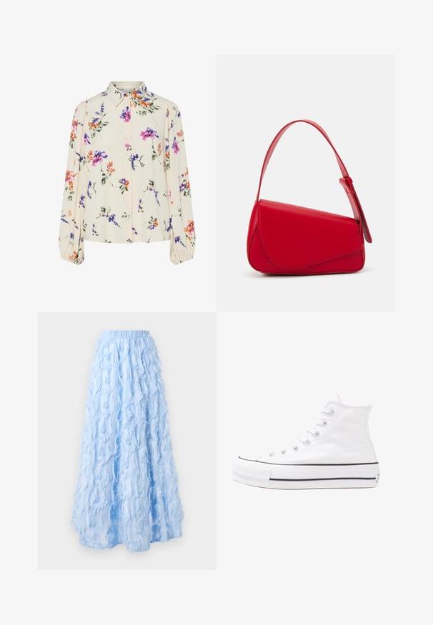Cvjetna bluza s dugim napuhanim rukavima, svijetlo krem osnova, s ljubičastim, narančastim i zelenim cvjetnim uzorcima, te klasičnim dizajnom ovratnika.; Svijetloplava midi suknja izrađena od slojevitog, teksturiranog materijala s resicama, s elastičnom gumom u struku i lepršavim siluetom.; Bijela visoka platnena tenisica s crnom gumenom potplatom, prednjim gumenim zaštitnikom prstiju i šest rupa za vezanje, s čistim, minimalističkim dizajnom.; Crvena kožna torba s kutnim, geometrijskim dizajnom. Ima jedan podesivi remen i preklopni zatvarač sa šivenim detaljima.