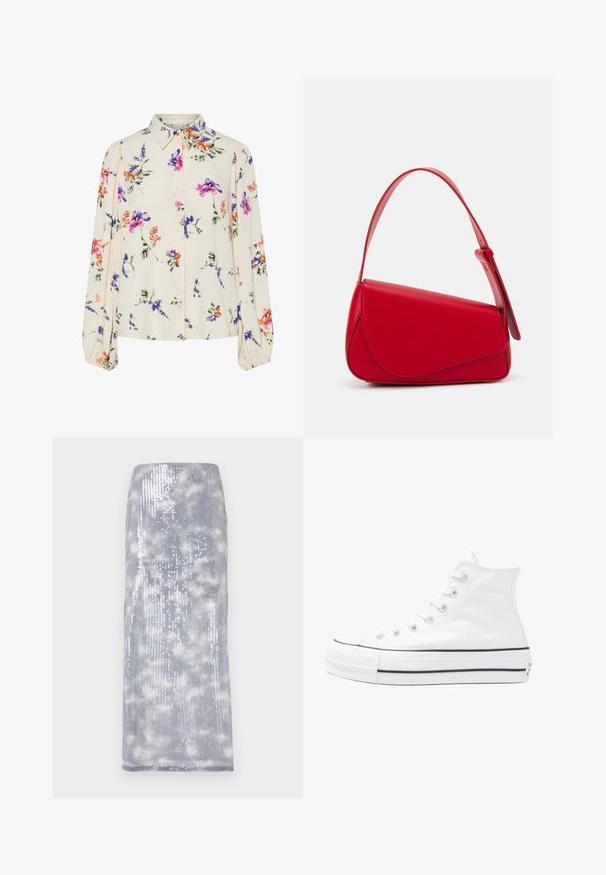 Blommig blus med långa puffärmar, ljus krämfärgad bas, med lila, orange och gröna blommönster, samt klassisk krage.; Silverfärgad midiklänning med paljetter och en slät yta, med ett gradientmönster av moln och en rak siluett.; Vit hög topp canvas sneaker med svart gummisulan, framsidan gummitåhätta och sex öglor för snören, med en ren, minimalistisk design.; Röd läderhandväska med en vinkelrät, geometrisk design. Har ett justerbart axelband och en klaffstängning med sydda detaljer.