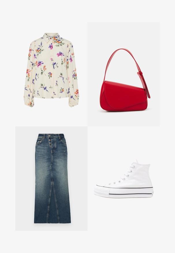 Gėlių bluzonas su ilgomis pūkuotomis rankovėmis, šviesiai kreminiu pagrindu, su violetiniais, oranžiniais ir žaliais gėlių raštais bei klasikiniu apykaklės dizainu.; Tamsiai mėlynas džinsinis midi sijonas su priekinėmis skeltuvėmis, penkiomis mygtukais ir klasikiniu džinsinio audinio siuvimu.; Balti aukštakulniai drobės sportbačiai su juodu guminio pado, priekinio guminio piršto dangteliu ir šešiais akytėmis raištams, pasižymintys švariu, minimalistiniu dizainu.; Raudona odinė rankinė su kampuota, geometrine forma. Pasižymi viena reguliuojama dirželiu ir dangteliu su siuvinėtais dekoracijomis.