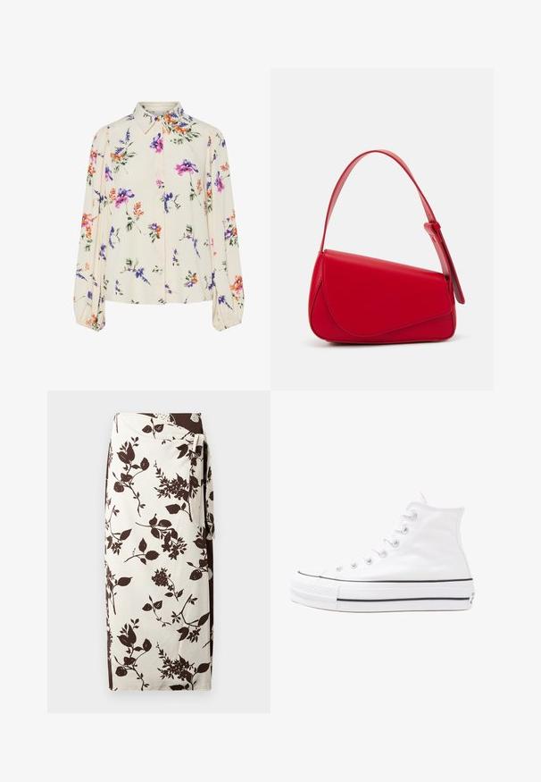 Cvetna bluzica z dolgimi puff rokavi, svetlo smetanaste barve, s purpurnimi, oranžnimi in zelenimi cvetličnimi vzorci ter klasičnim ovratnikom.; Krilo z ovitkom s cvetličnim vzorcem, ki ima smetanasto podlago in temno rjave rastlinske vzorce. Narejeno iz gladkega materiala, ima zavezovanje v pasu.; Beli visoki platneni športni čevelj z črnim gumijastim podplatom, sprednjim gumijastim zaščitnikom za prste in šestimi luknjicami za vezalke, ki se ponaša s preprostim, minimalističnim dizajnom.; Rdeča usnjena torba z angularnim, geometrijskim dizajnom. Ima en samostoječ nastavljiv ročaj in pokrov, zaprt z zapiranjem, ki je okrašen s šivi.