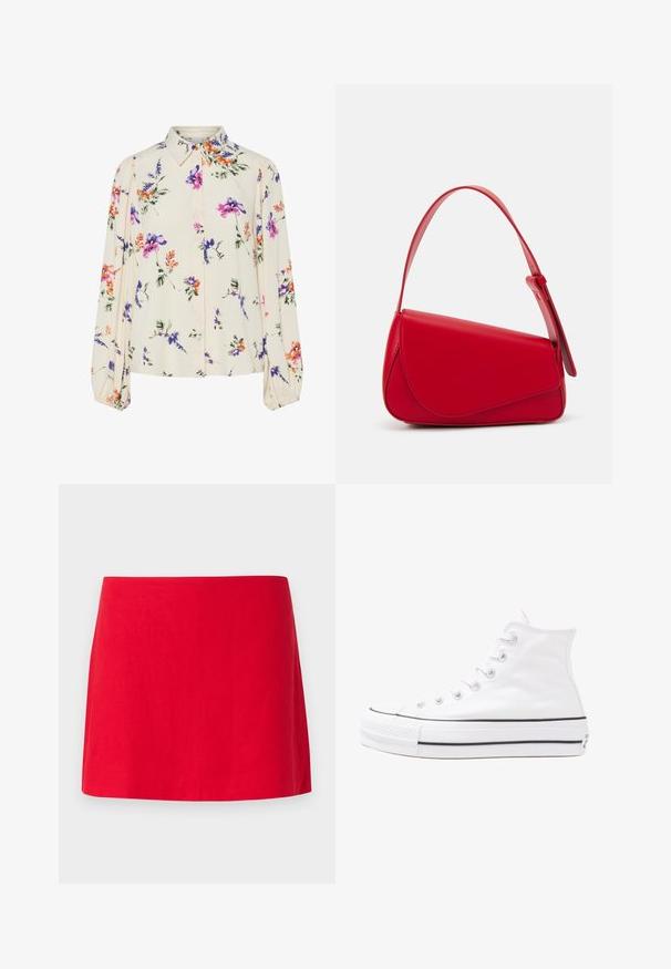 Bloes met bloemenprint en lange pofmouwen, lichte crème basis, met paarse, oranje en groene bloemmotieven, en een klassiek kraagontwerp.; Rode linnen mini rok met een eenvoudig, recht ontwerp, met een soepele textuur en zonder zichtbare patronen of hardware.; Witte high-top canvas sneakers met een zwarte rubberen zool, een rubberen neuskap aan de voorkant en zes gaatjes voor veters, met een schone, minimalistische uitstraling.; Rode leren handtas met een hoekig, geometrisch ontwerp. Beschikt over een enkele verstelbare schouderriem en een klepclosure met gestikte details.