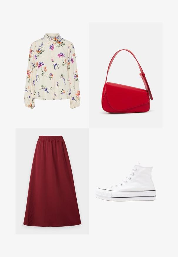 Blomstrete bluse med lange pufferm, lys kremfarge, med lilla, oransje og grønne blomster mønstre, og klassisk kragedesign.; Burgunderfarget maxiskjørt med elastisk midjebånd, som har et glatt og flytende stoff samt et enkelt, uprydet design.; Hvit høy-skinn kanvas sneakers med svart gummisåle, gummitåhette foran og seks hull for snorer, med et rent, minimalistisk design.; Rød lærveske med en vinklet, geometrisk design. Har en enkelt justerbar stropp og en klaffelukking med sydd detaljer.
