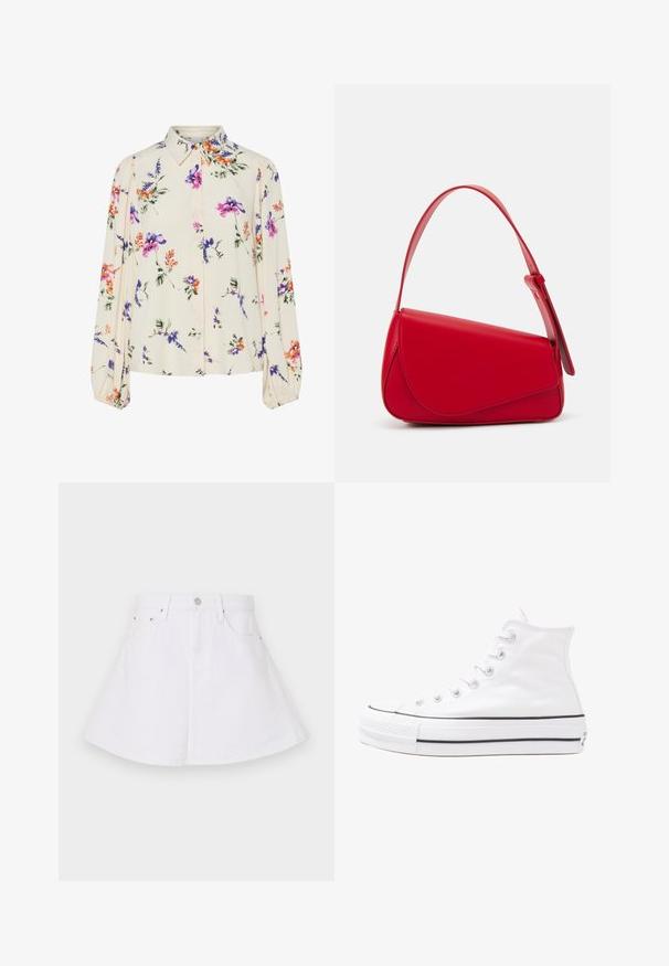 Floral blouse with long puff sleeves, light cream base, featuring purple, orange, and green floral patterns, and classic collar design.; White denim skirt with a flared design, featuring a fitted waist, five pockets, and a button closure at the front. Smooth texture.; White high-top canvas sneaker with black rubber sole, front rubber toe cap, and six eyelets for laces, featuring a clean, minimalist design.; Red leather handbag with an angular, geometric design. Features a single adjustable strap and a flap closure with stitched detailing.