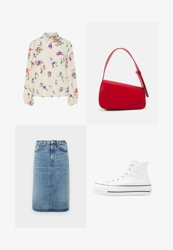 Blouse fleurie à manches bouffantes longues, base crème clair, ornée de motifs floraux violets, oranges et verts, avec un col classique.; Jupe en denim bleu clair. Présente une silhouette droite, cinq poches et une fermeture à boutons avec passants de ceinture. Accents de texture usée.; Baskets montantes en toile blanche avec semelle en caoutchouc noir, capuchon en caoutchouc à l'avant, et six œillets pour les lacets, présentant un design épuré et minimaliste.; Sac à main en cuir rouge avec un design angulaire et géométrique. Il dispose d'une seule sangle ajustable et d'une fermeture à rabat avec un detailing cousu.
