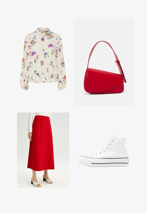Kvetinová blúzka s dlhými puff rukávmi, svetlovo krémovej farby, so vzormi kvetov v purpurovej, oranžovej a zelenej farbe, a klasickým dizajnom goliera.; Červená áčková sukňa vyrobená z hladkej látky s elastickým pásom. Spárovaná s krémovými šlapkami so zaviazaným detailom.; Biele vysoké plátené tenisky s čiernou gumovou podošvou, prednou gumovou špičkou a šiestimi okami na šnúrky, s čistým, minimalistickým dizajnom.; Červená kožená kabelka s ostrým, geometrickým dizajnom. Má jeden nastaviteľný popruh a uzatváranie na klopu so šitím.