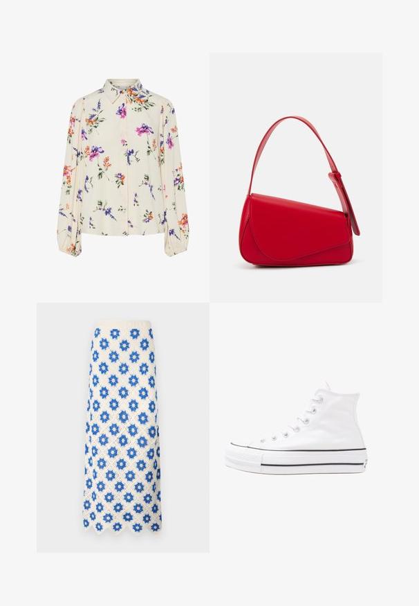 Blusa floral con mangas largas abullonadas, base color crema claro, con patrones florales en púrpura, naranja y verde, y diseño de cuello clásico.; Falda larga de encaje en blanco con patrones florales azules. El dobladillo con forma de concha y el diseño texturizado añaden detalles a la tela.; Zapatilla de lona alta blanca con suela de goma negra, puntera de goma frontal y seis ojetes para los cordones, que presenta un diseño limpio y minimalista.; Bolso de cuero rojo con un diseño angular y geométrico. Cuenta con una única correa ajustable y un cierre de solapa con detalles de costura.