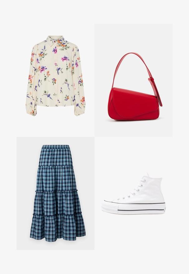 Bloes met bloemenprint en lange pofmouwen, lichte crème basis, met paarse, oranje en groene bloemmotieven, en een klassiek kraagontwerp.; Blauwe en witte geruite tiered rok met een elastische tailleband, voorzien van rimpelige lagen en een soepel silhouet. Zacht katoenmateriaal.; Witte high-top canvas sneakers met een zwarte rubberen zool, een rubberen neuskap aan de voorkant en zes gaatjes voor veters, met een schone, minimalistische uitstraling.; Rode leren handtas met een hoekig, geometrisch ontwerp. Beschikt over een enkele verstelbare schouderriem en een klepclosure met gestikte details.