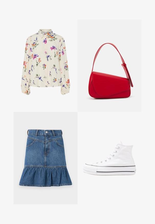 Blusa floral com mangas bufantes longas, base de creme claro, apresentando padrões florais em roxo, laranja e verde, e design de gola clássica.; Saia de ganga, azul, com uma cintura ajustada, cinco bolsos e um fundo com um volante alargado. Inclui um botão de metal e fecho de zipper.; Sapatilha alta de tela branca com sola de borracha preta, bico de borracha na frente e seis ilhós para os atacadores, apresentando um design limpo e minimalista.; Bolsa de mão em couro vermelho com um design angular e geométrico. Apresenta uma única alça ajustável e um fecho com aba, com detalhes cosidos.