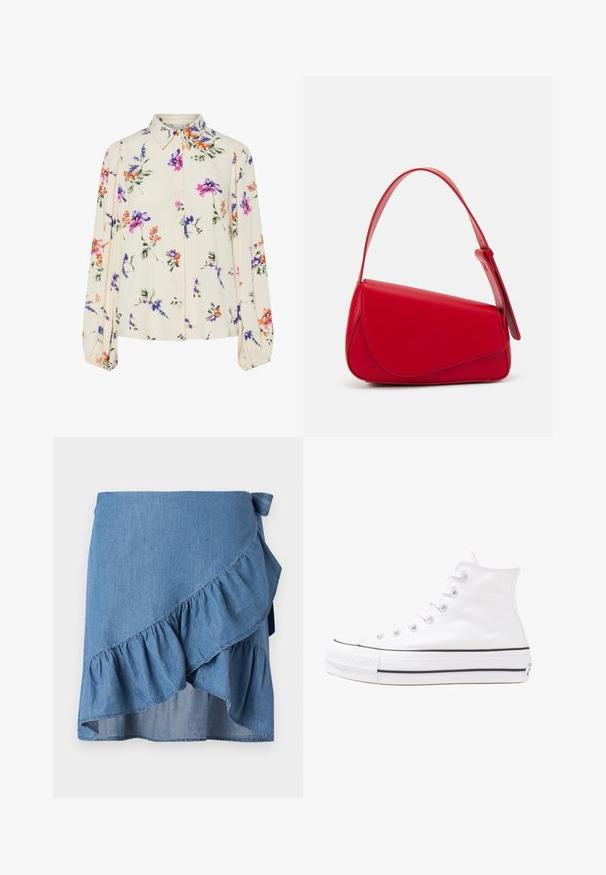 Virágmintás blúz hosszú puffos ujjakkal, világos krém alapon, lila, narancs és zöld virágmintázattal, klasszikus gallér dizájnnal.; Világoskék farmer rakott szoknya, fodros szegéllyel és deréknál megkötő részletekkel. Sima textúra és lebegő sziluett.; Fehér magaskorsó vászon sportcipő fekete gumi talppal, elülső gumi orrnyereggel és hat fűzőlyukkal, letisztult, minimalista dizájnnal.; Piros bőr kézitáska szögletes, geometrikus kialakítással. Egy állítható pánttal és varrott részletekkel ellátott fedélzárral rendelkezik.