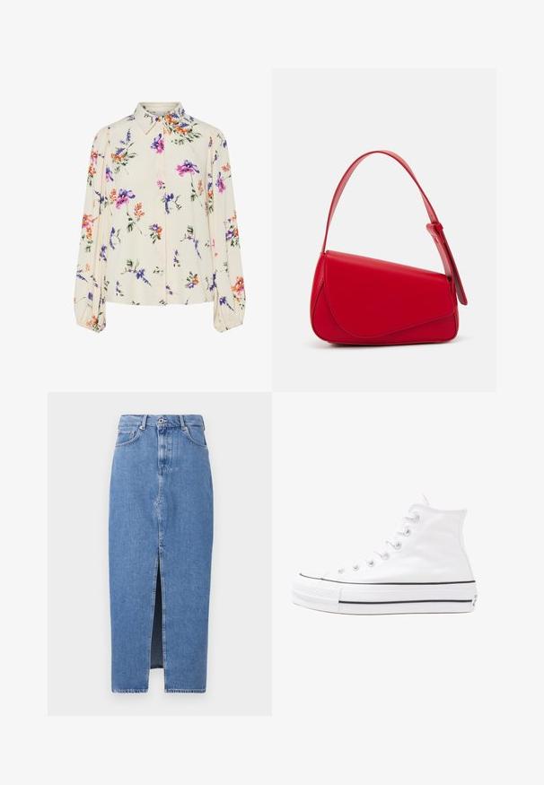 Bluză florală cu mâneci lungi și puff, bază de crem deschis, cu modele florale în nuanțe de violet, portocaliu și verde, și design cu guler clasic.; Fustă midi din denim albastru deschis, cu o deschidere frontală, design clasic cu cinci buzunare și închidere cu buton în partea de sus. Materialul are o textură ușoară.; Adidași albi tip pantofi sport cu glezna din pânză, cu talpă din cauciuc negru, capac de vârf din cauciuc frontal și șase ochiuri pentru șireturi, având un design curat și minimalist.; Geantă de mână din piele roșie, cu un design unghiular și geometric. Dispune de o singură curea ajustabilă și un sistem de închidere cu clapetă, cu detalii cusute.