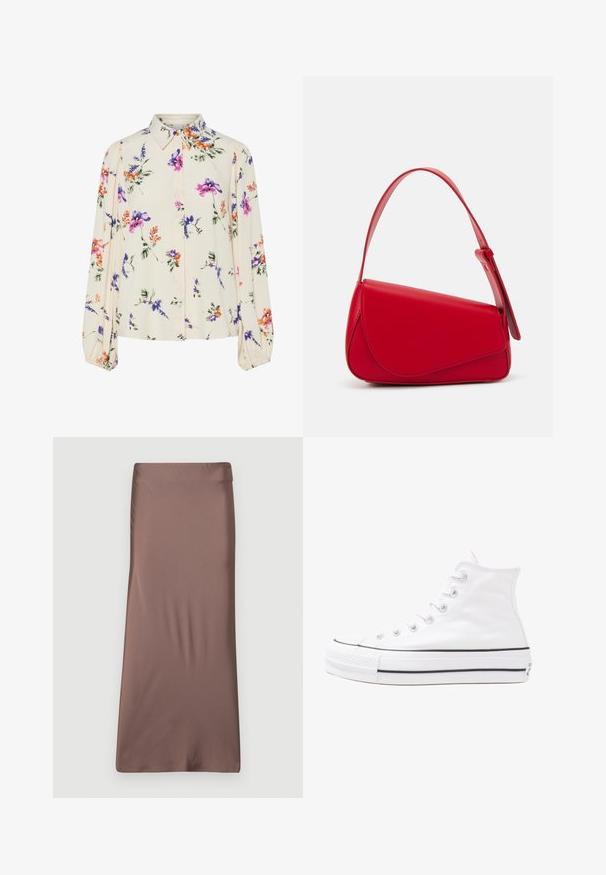 Blomsterbluse med lange puffærmer, lys cremefarvet base, prydet med lilla, orange og grønne blomster mønstre samt klassisk krave design.; Brun satin midi-nederdel med en glat tekstur, tætsiddende silhuet og en taljeelastik. Ingen synlige mønstre eller accenter.; Hvide høje kanvas sneakers med sort gummisål, gummitåhætte foran og seks øjehuller til snørebånd, der har et rent, minimalistisk design.; Rød læderhåndtaske med et kantet, geometrisk design. Har en enkelt justerbar rem og en klaplukning med syede detaljer.