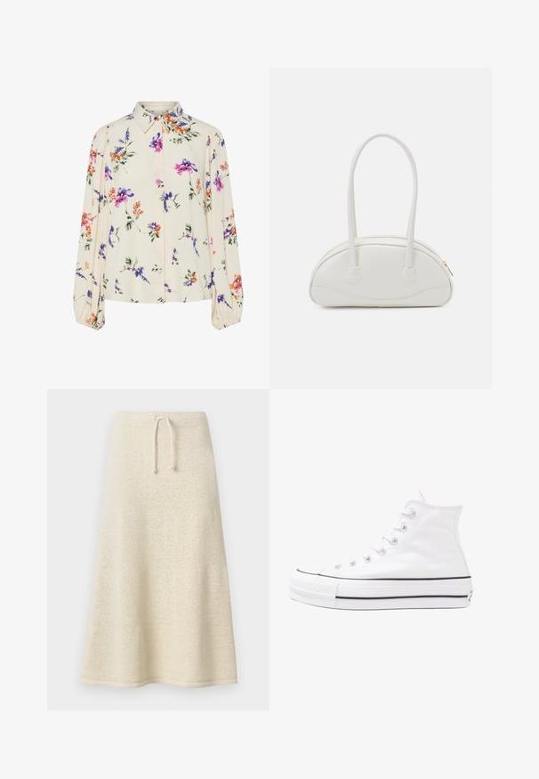 Blomstrete bluse med lange pufferm, lys kremfarge, med lilla, oransje og grønne blomster mønstre, og klassisk kragedesign.; Knelang, kremfarget strikket skjørt med myk tekstur, strikket midje med snøring og utsvingt silhuett. Minimalistisk design uten mønstre eller dekorasjoner.; Hvit høy-skinn kanvas sneakers med svart gummisåle, gummitåhette foran og seks hull for snorer, med et rent, minimalistisk design.; Even&Odd Håndveske - off-white