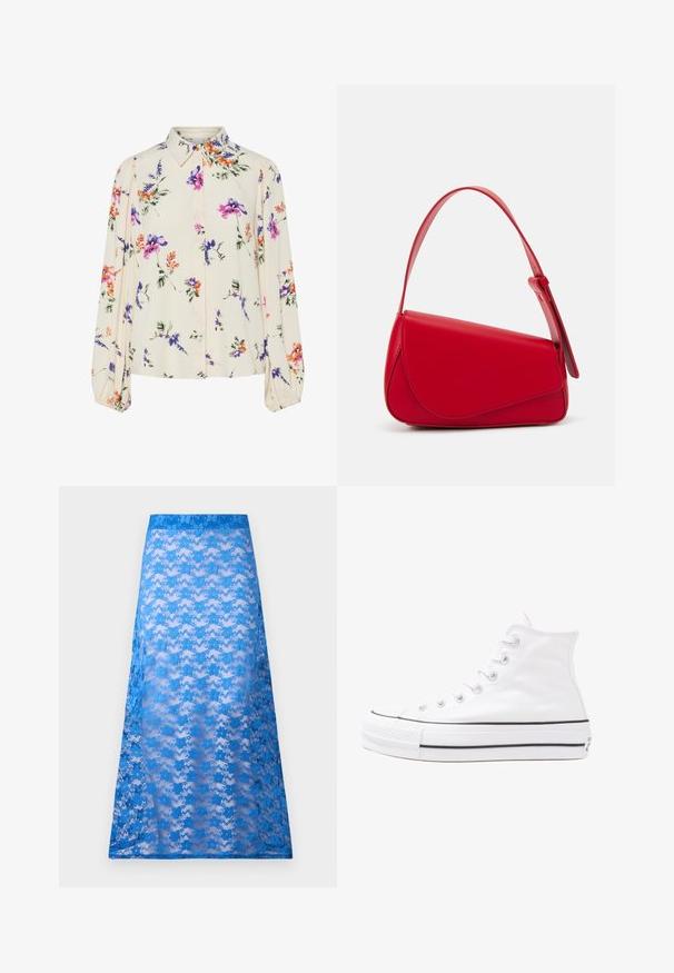 Virágmintás blúz hosszú puffos ujjakkal, világos krém alapon, lila, narancs és zöld virágmintázattal, klasszikus gallér dizájnnal.; Kék csipkés maxi szoknya áttetsző textúrával, virágmintával és egyszínű kék derékkal. Finoman áramlik a csípőtől a szegélyig.; Fehér magaskorsó vászon sportcipő fekete gumi talppal, elülső gumi orrnyereggel és hat fűzőlyukkal, letisztult, minimalista dizájnnal.; Piros bőr kézitáska szögletes, geometrikus kialakítással. Egy állítható pánttal és varrott részletekkel ellátott fedélzárral rendelkezik.