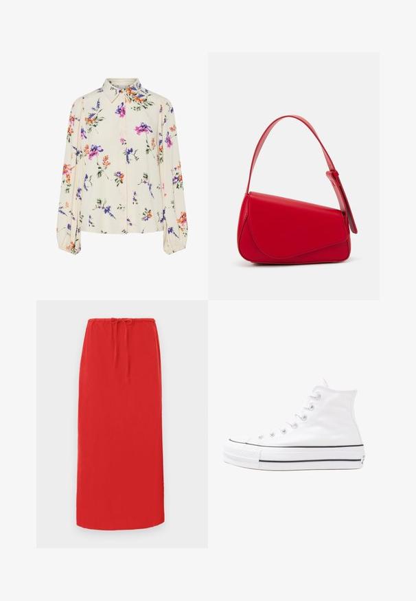 Ziedu blūze ar garām pūkām, gaiši krēmveida pamatne, ar purpursarkanām, oranžām un zaļām ziedu rakstiem, kā arī klasisko apkakles dizainu.; Sarkans, līdz ceļiem garš svārki, izgatavoti no viegla auduma ar elastīgu jostasvietu un savilcēju regulējamai piegulšanai. Gluda tekstūra, nav pamanāmu rakstu.; Balti augstie kanvas sporta apavi ar melnu gumijas zoli, priekšējo gumijas purngalu un sešām acīm lencēm, kuriem ir tīrs, minimālistisks dizains.; Sarkans ādas rokassomi ar stūrainu, ģeometrisku dizainu. Iekļauj vienu regulējamu siksnu un vāku ar izšūtu detaļu.