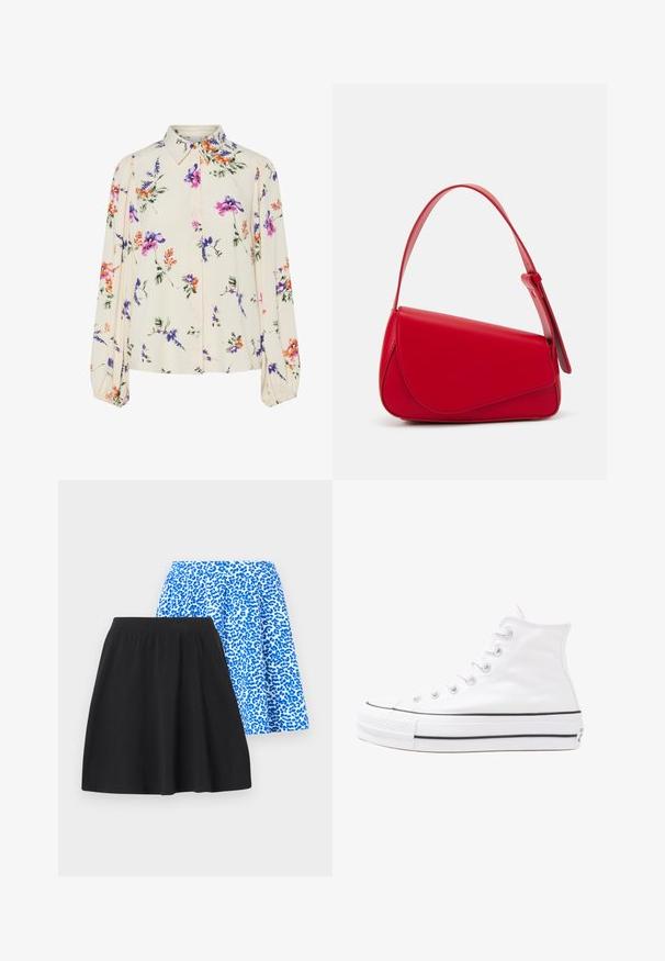 Cvetna bluzica z dolgimi puff rokavi, svetlo smetanaste barve, s purpurnimi, oranžnimi in zelenimi cvetličnimi vzorci ter klasičnim ovratnikom.; Dve krila: eno črno, izdelano iz mehkega blaga; drugo modro z leopardjim vzorcem, ki ima elastičen pas za udobje.; Beli visoki platneni športni čevelj z črnim gumijastim podplatom, sprednjim gumijastim zaščitnikom za prste in šestimi luknjicami za vezalke, ki se ponaša s preprostim, minimalističnim dizajnom.; Rdeča usnjena torba z angularnim, geometrijskim dizajnom. Ima en samostoječ nastavljiv ročaj in pokrov, zaprt z zapiranjem, ki je okrašen s šivi.