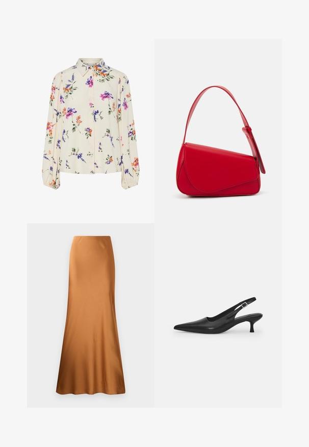 Bloes met bloemenprint en lange pofmouwen, lichte crème basis, met paarse, oranje en groene bloemmotieven, en een klassiek kraagontwerp.; Bruine satijnen maxi rok met een aansluitende taille en een uitlopende onderkant. Gladde textuur met een effen kleur, geen patronen of zichtbare hardware.; Zwarte leren slingback schoen met een puntige neus en een slanke, gebogen hak. Voorzien van een discrete verstelbare band met een metalen gesp.; Rode leren handtas met een hoekig, geometrisch ontwerp. Beschikt over een enkele verstelbare schouderriem en een klepclosure met gestikte details.