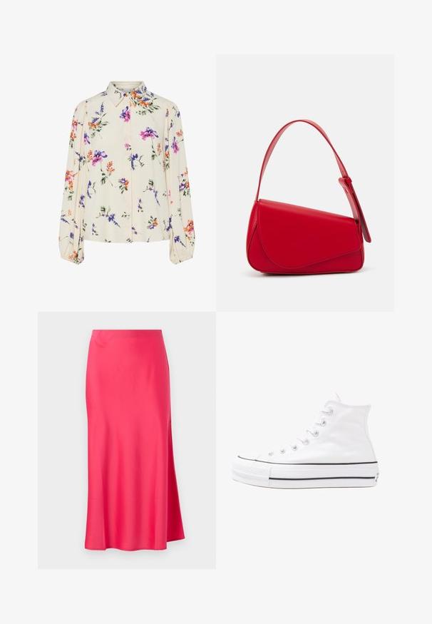 Blusa floral con mangas largas abullonadas, base color crema claro, con patrones florales en púrpura, naranja y verde, y diseño de cuello clásico.; Falda midi de satén en rosa brillante con una abertura lateral. Textura suave, silueta recta y una cinturilla sencilla sin adornos.; Zapatilla de lona alta blanca con suela de goma negra, puntera de goma frontal y seis ojetes para los cordones, que presenta un diseño limpio y minimalista.; Bolso de cuero rojo con un diseño angular y geométrico. Cuenta con una única correa ajustable y un cierre de solapa con detalles de costura.