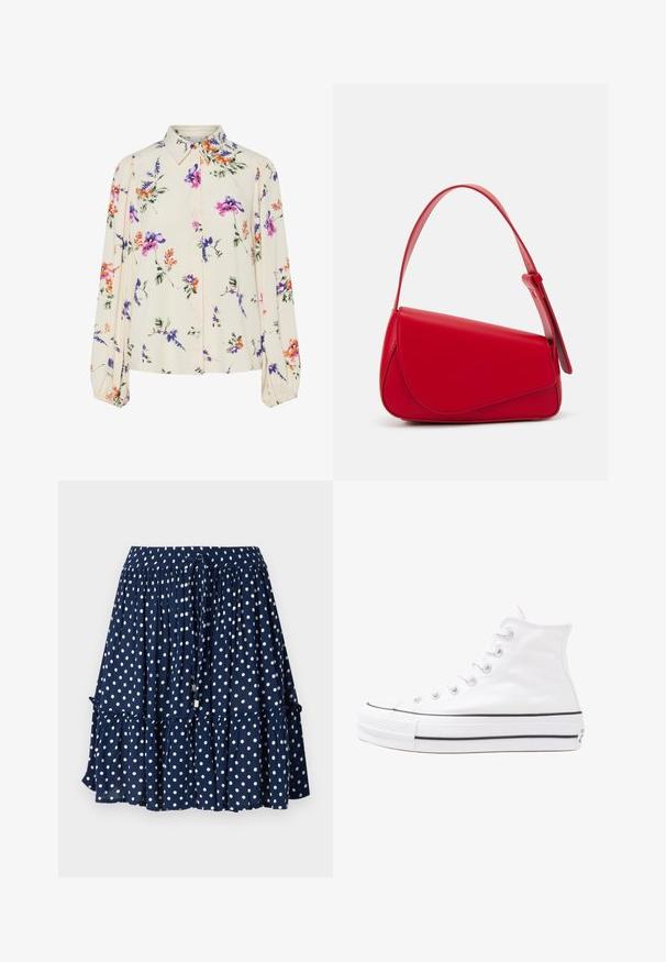 Virágmintás blúz hosszú puffos ujjakkal, világos krém alapon, lila, narancs és zöld virágmintázattal, klasszikus gallér dizájnnal.; Sötétkék szoknya fehér pöttyökkel, fodros szegéllyel és rugalmas derékkal, állítható zsinórral a kényelmes illeszkedés érdekében.; Fehér magaskorsó vászon sportcipő fekete gumi talppal, elülső gumi orrnyereggel és hat fűzőlyukkal, letisztult, minimalista dizájnnal.; Piros bőr kézitáska szögletes, geometrikus kialakítással. Egy állítható pánttal és varrott részletekkel ellátott fedélzárral rendelkezik.