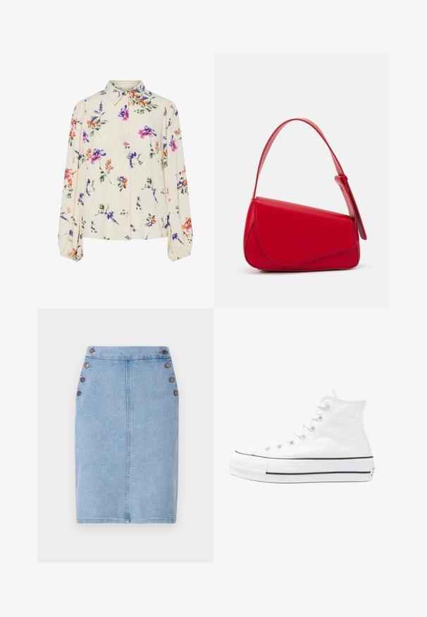 Kvetinová blúzka s dlhými puff rukávmi, svetlovo krémovej farby, so vzormi kvetov v purpurovej, oranžovej a zelenej farbe, a klasickým dizajnom goliera.; Džínová sukňa v svetlomodrej farbe, priliehavý strih, so zvýrazneným predným švom a piatimi hnedými gombíkmi na ľavej strane. Hladká textúra.; Biele vysoké plátené tenisky s čiernou gumovou podošvou, prednou gumovou špičkou a šiestimi okami na šnúrky, s čistým, minimalistickým dizajnom.; Červená kožená kabelka s ostrým, geometrickým dizajnom. Má jeden nastaviteľný popruh a uzatváranie na klopu so šitím.