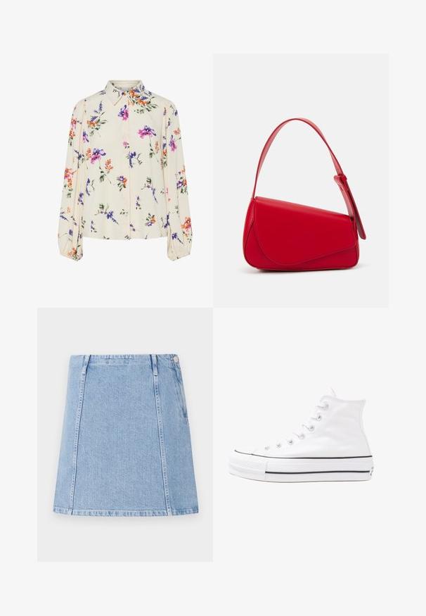 Floral blouse with long puff sleeves, light cream base, featuring purple, orange, and green floral patterns, and classic collar design.; Light blue denim skirt with a straight cut, visible stitching details, and a side pocket. Material is textured with a soft finish.; White high-top canvas sneaker with black rubber sole, front rubber toe cap, and six eyelets for laces, featuring a clean, minimalist design.; Red leather handbag with an angular, geometric design. Features a single adjustable strap and a flap closure with stitched detailing.