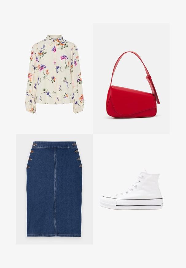 Ziedu blūze ar garām pūkām, gaiši krēmveida pamatne, ar purpursarkanām, oranžām un zaļām ziedu rakstiem, kā arī klasisko apkakles dizainu.; Tumši zils džinsa zīmulis svārki ar taisnu griezumu, piecu dekoratīvu pogu kreisajā pusē un redzamām šuvēm gar malām.; Balti augstie kanvas sporta apavi ar melnu gumijas zoli, priekšējo gumijas purngalu un sešām acīm lencēm, kuriem ir tīrs, minimālistisks dizains.; Sarkans ādas rokassomi ar stūrainu, ģeometrisku dizainu. Iekļauj vienu regulējamu siksnu un vāku ar izšūtu detaļu.